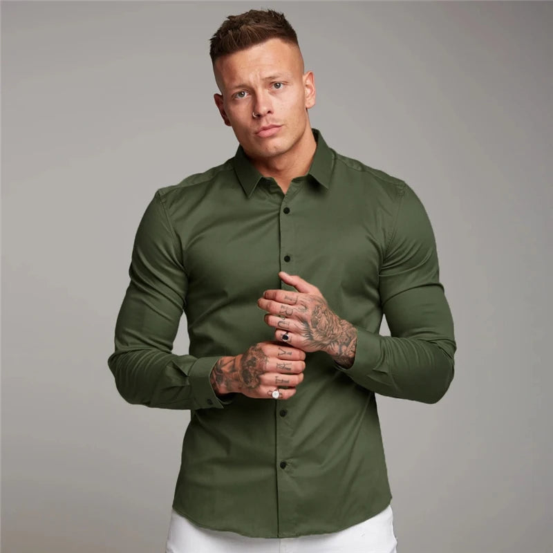 New Spring Autumn Mens Full Sleeve Shirt Solid Fitness Men Turndown Collar Super Slim Fit Business Dress Shirt Button Gym Tops
