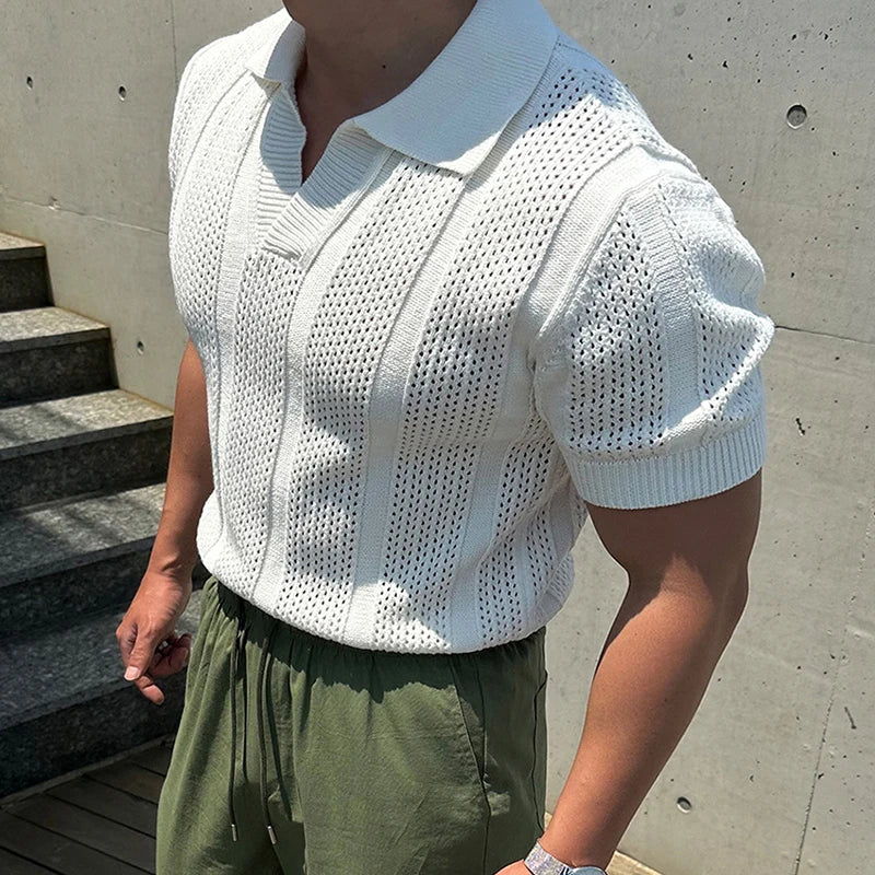 Fashion Mesh Knitted Polo Shirts Men Trendy Slim Fit Short Sleeve Breathable Knit T Shirt Mens Spring Summer Streetwear Polo Tee