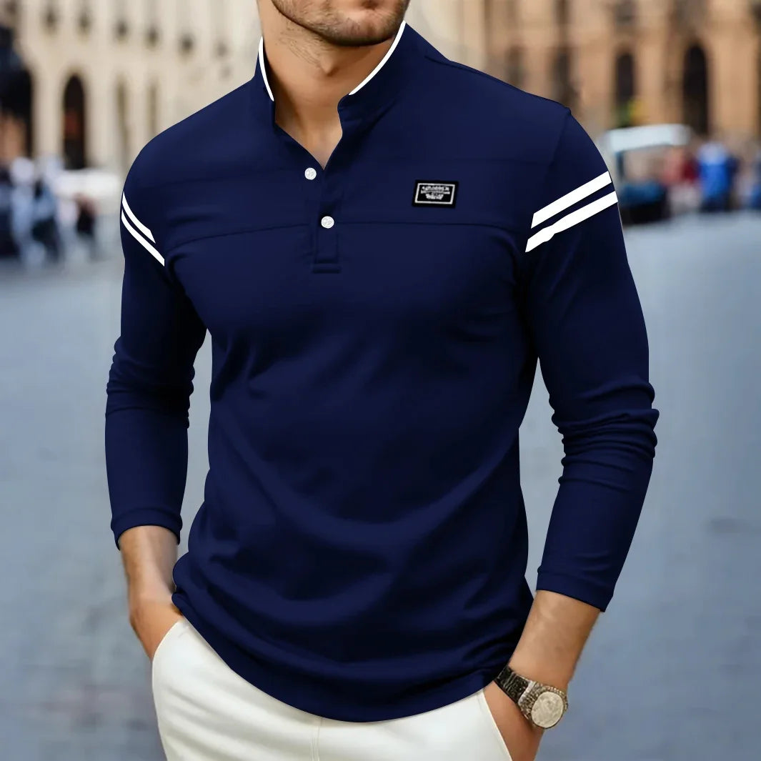2025 New Men's Casual Fashion Solid Color Long Sleeved Polo Shirt Stand Up Collar Versatile Comfortable Top