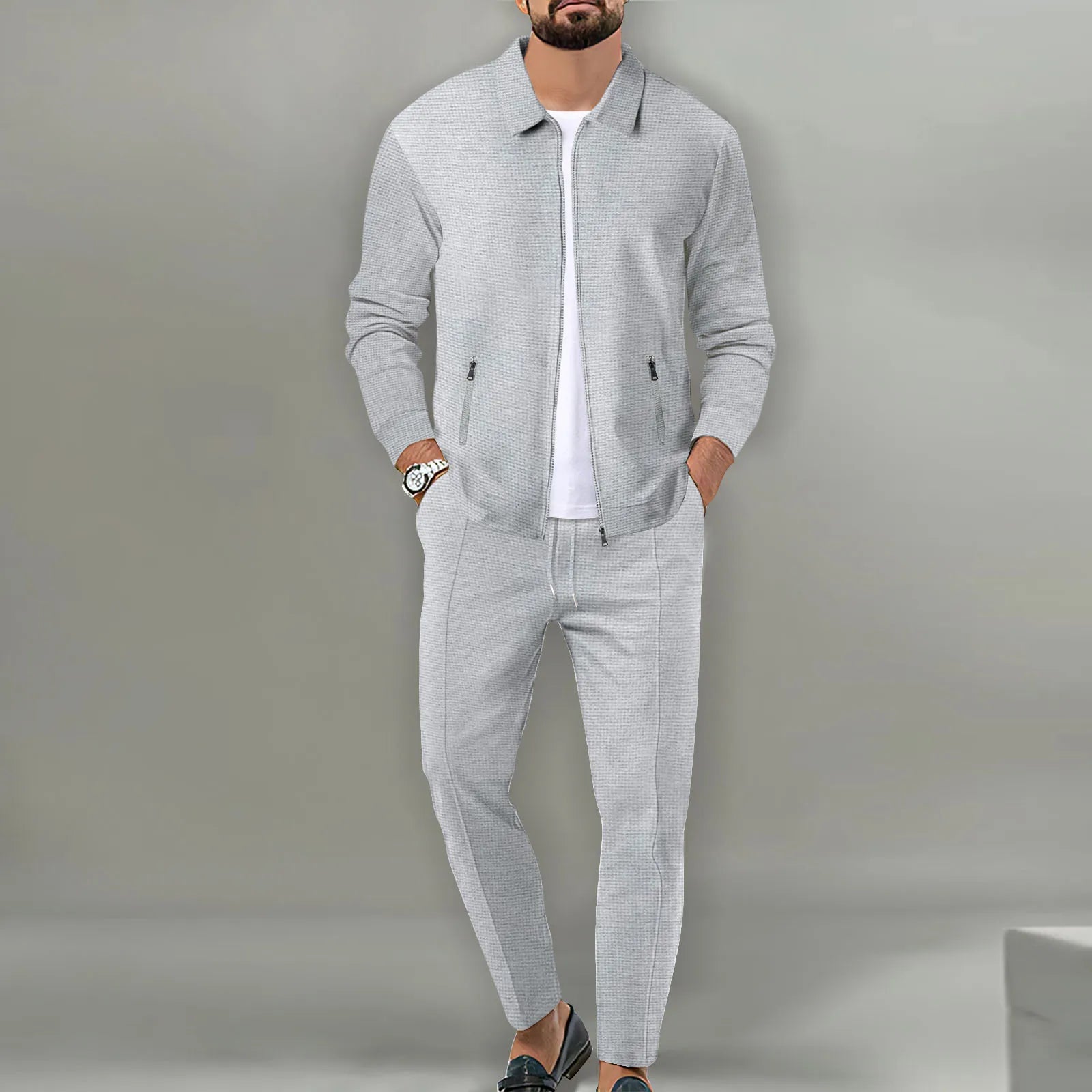 Men's Slim Fit Cardigan Jacket with Zipper Pocket Long Sleeved Sportswear Elegant Two-Piece Set with Long Pants