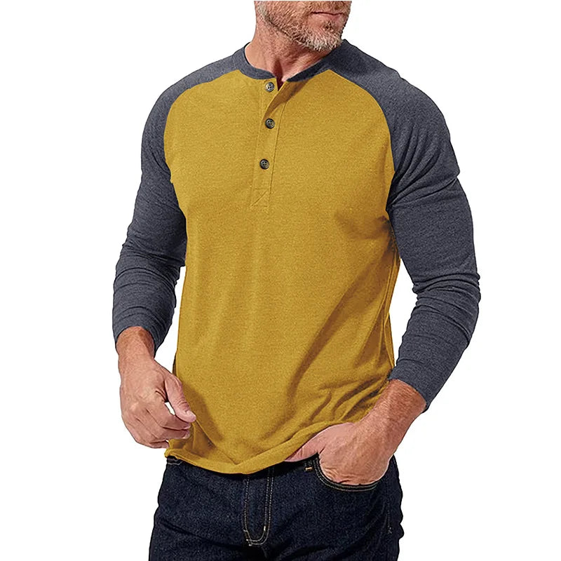 New Autumn Winter European American Men's Long Sleeve Color-blocking Henry Shirt Mens Round Neck T-shirt Top