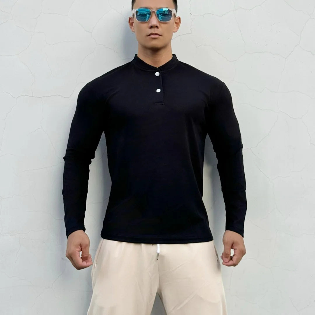 Men's New Chinese-style Henry Collar Large Polo Sports And Fitness Breathable Casual Training High-elastic Long-sleeved T-shirt