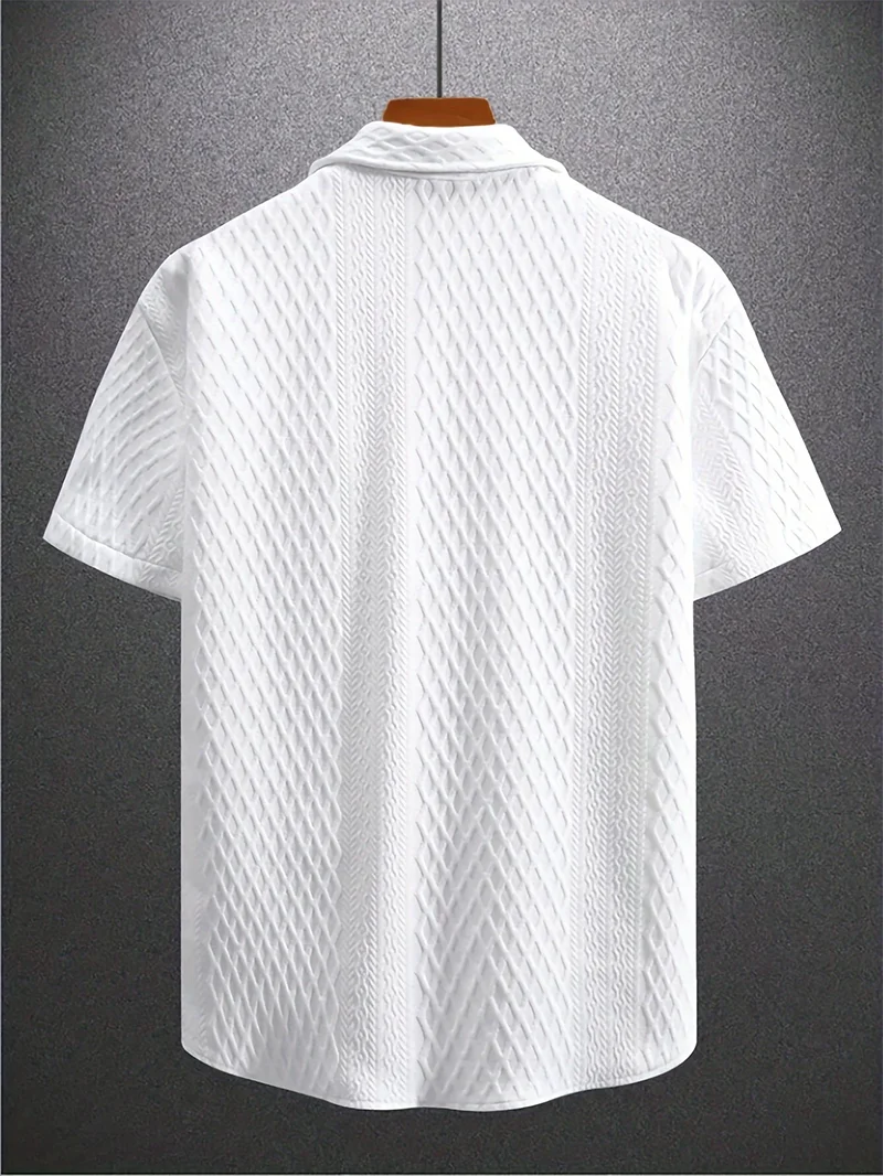 Summer casual short-sleeved men's shirt Casual Street wear jacquard lapel button down solid color men's vintage shirt S-2XL