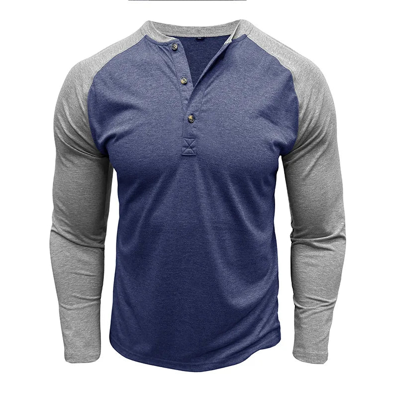 New Autumn Winter European American Men's Long Sleeve Color-blocking Henry Shirt Mens Round Neck T-shirt Top
