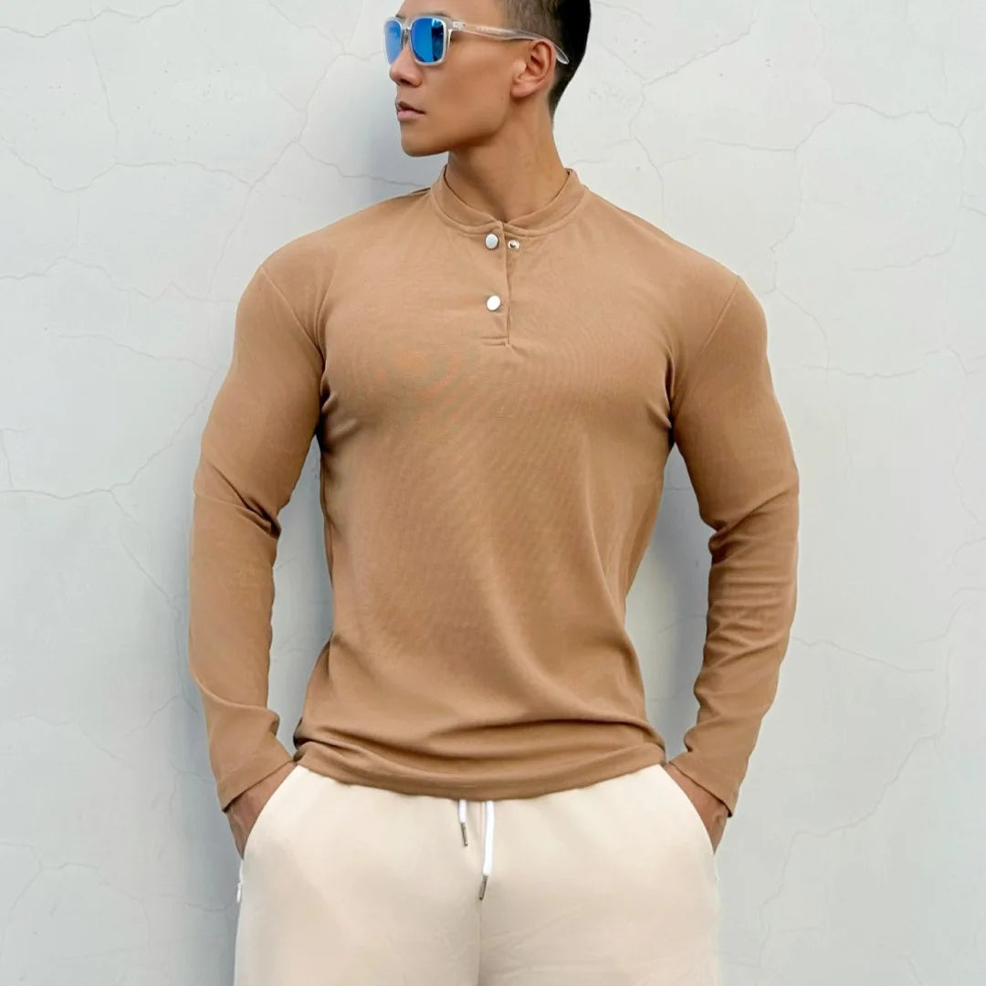 Men's New Chinese-style Henry Collar Large Polo Sports And Fitness Breathable Casual Training High-elastic Long-sleeved T-shirt