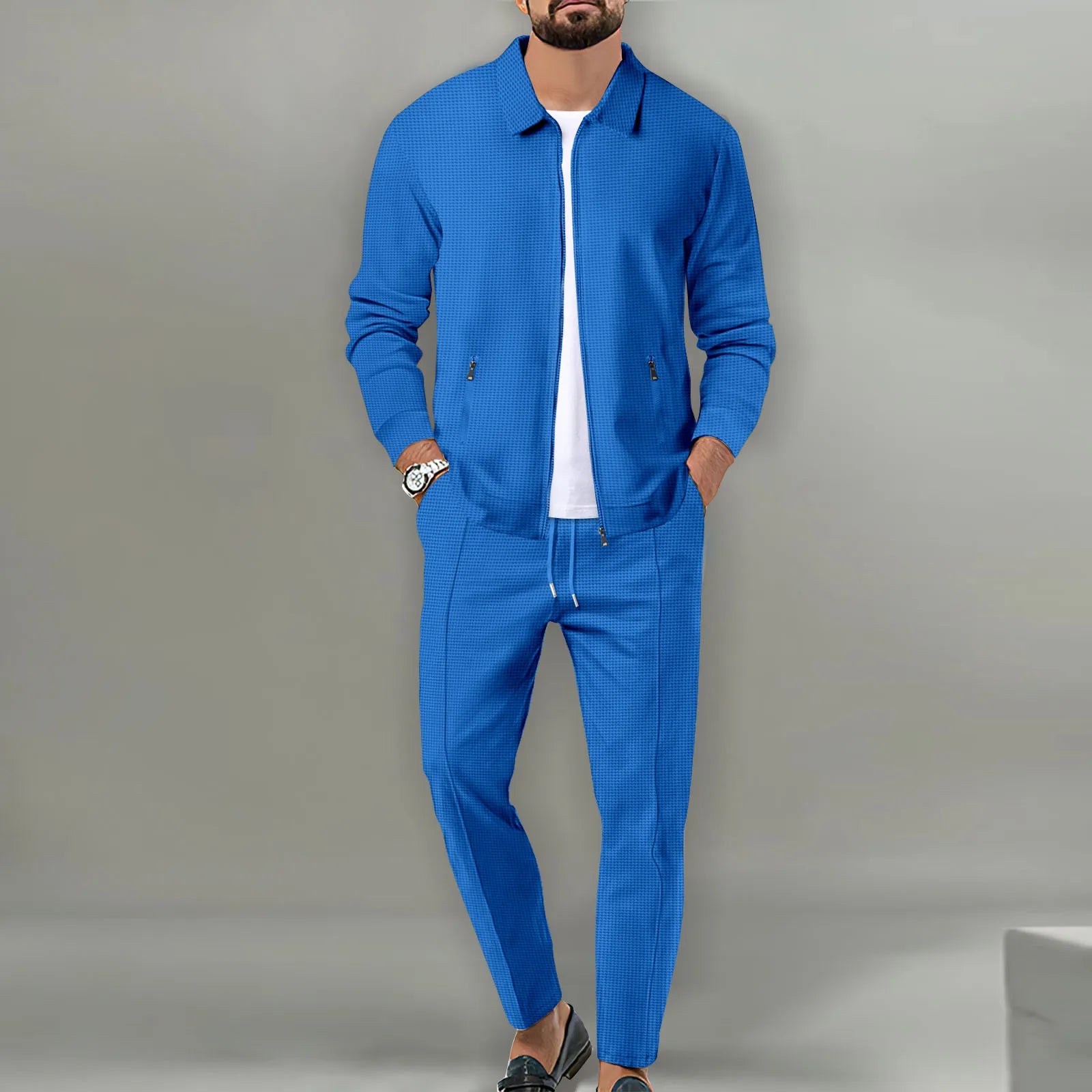 Men's Slim Fit Cardigan Jacket with Zipper Pocket Long Sleeved Sportswear Elegant Two-Piece Set with Long Pants