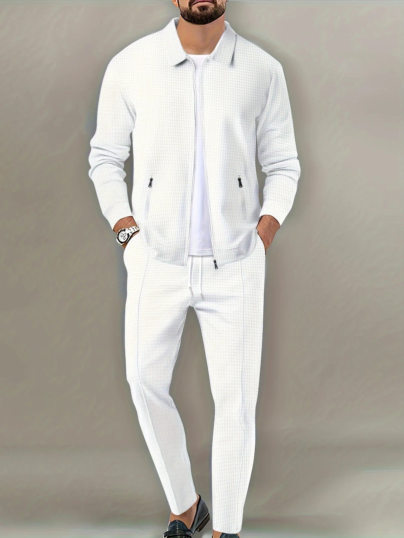 Men's Slim Fit Cardigan Jacket with Zipper Pocket Long Sleeved Sportswear Elegant Two-Piece Set with Long Pants