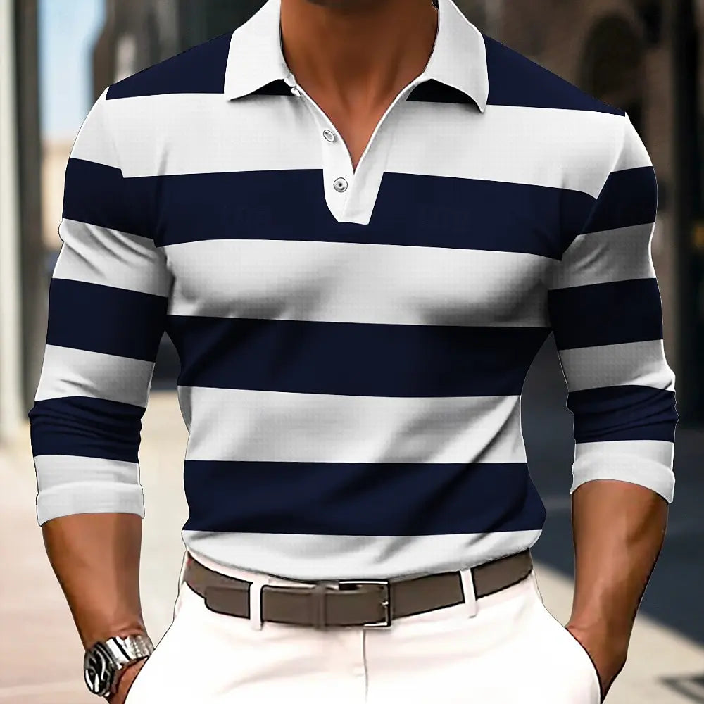 Men's Striped Rugby Long Sleeve Polo Shirt Lapel Shirt Sports Casual Outdoor Office Daily Wear Button Spring Autumn Winter