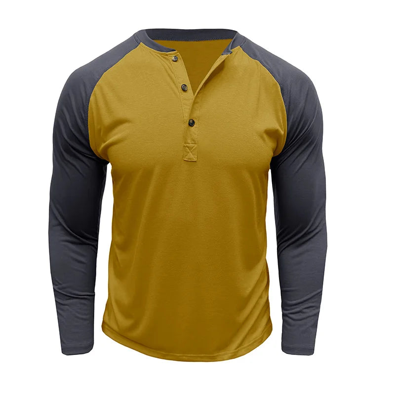 New Autumn Winter European American Men's Long Sleeve Color-blocking Henry Shirt Mens Round Neck T-shirt Top