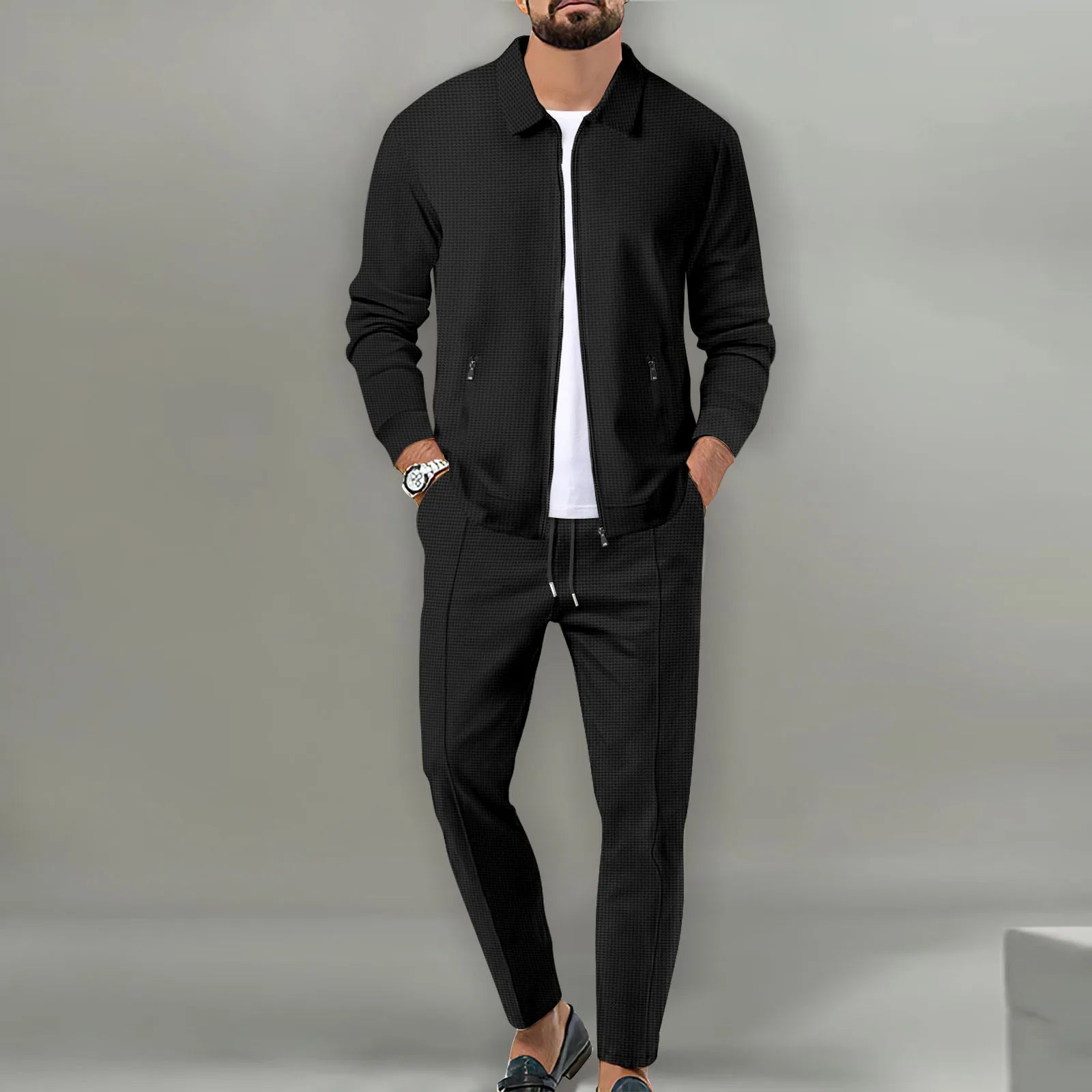 Men's Slim Fit Cardigan Jacket with Zipper Pocket Long Sleeved Sportswear Elegant Two-Piece Set with Long Pants
