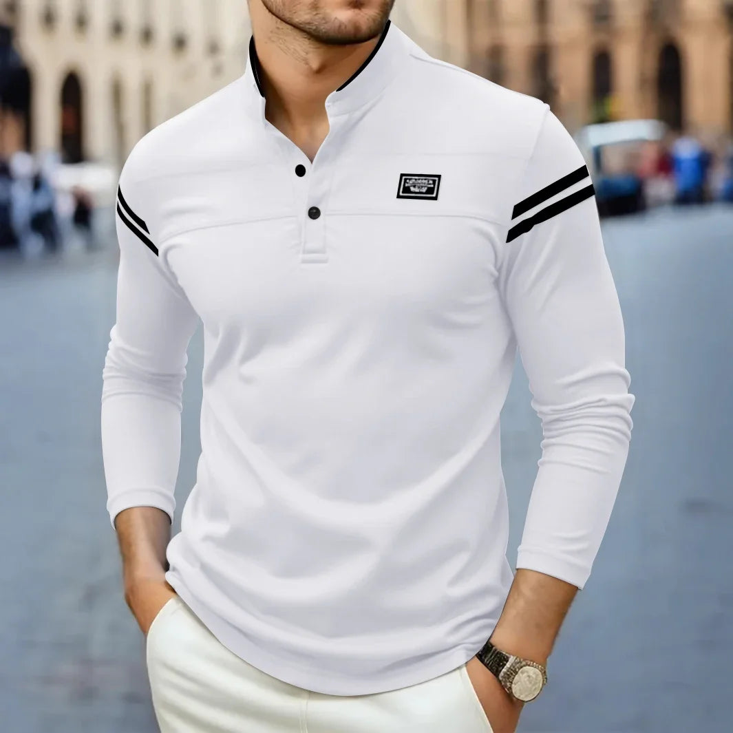 2025 New Men's Casual Fashion Solid Color Long Sleeved Polo Shirt Stand Up Collar Versatile Comfortable Top