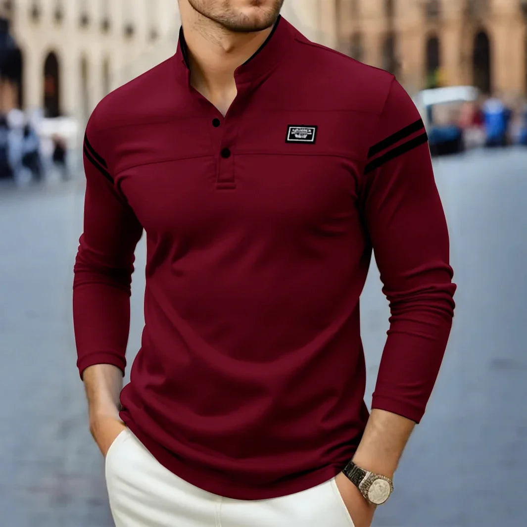 2025 New Men's Casual Fashion Solid Color Long Sleeved Polo Shirt Stand Up Collar Versatile Comfortable Top