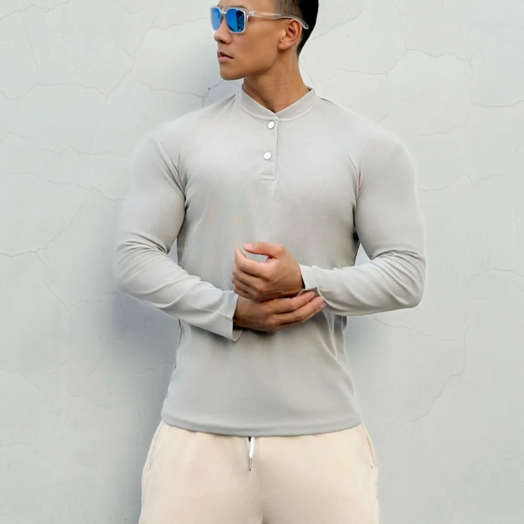 Men's New Chinese-style Henry Collar Large Polo Sports And Fitness Breathable Casual Training High-elastic Long-sleeved T-shirt