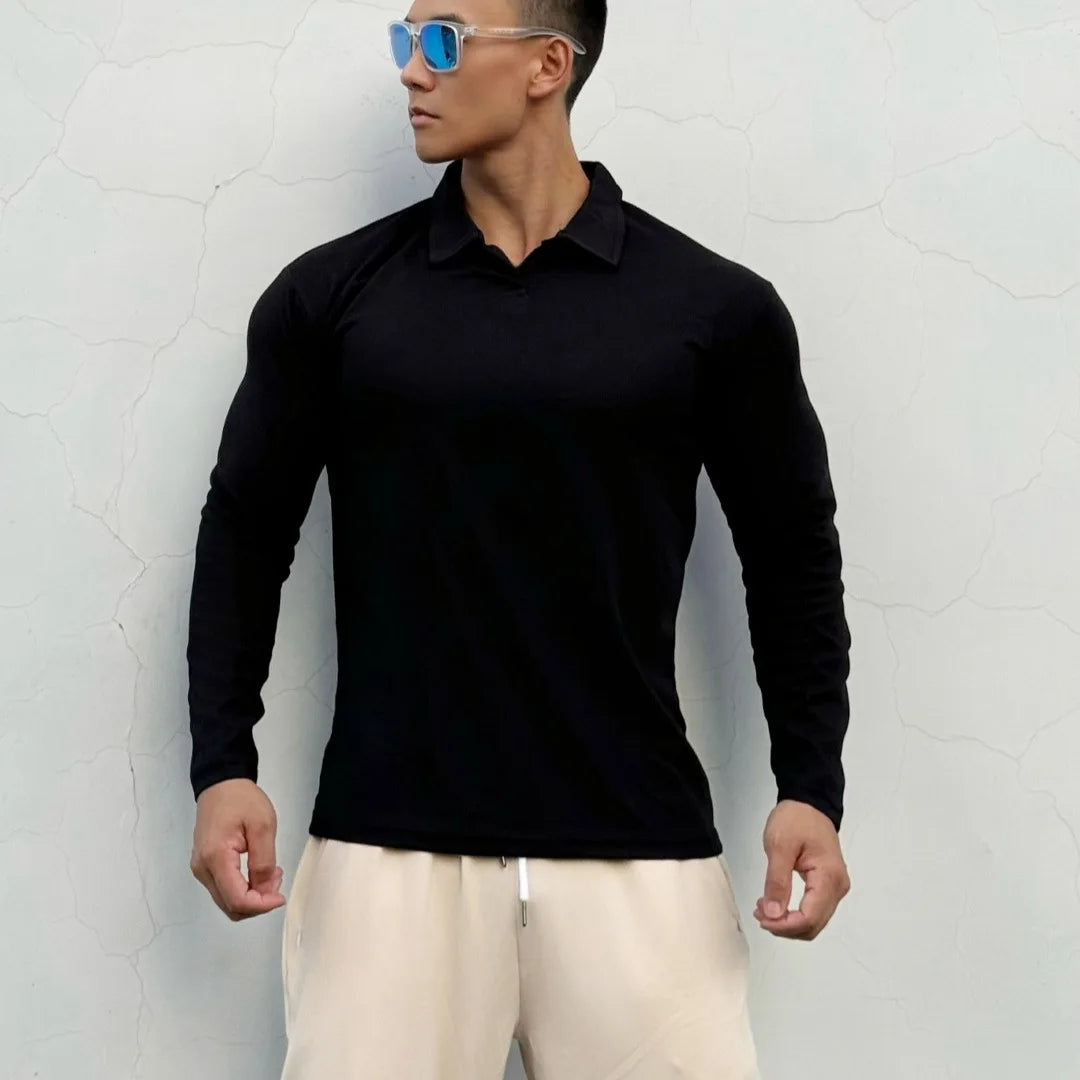 Men's New Chinese-style Henry Collar Large Polo Sports And Fitness Breathable Casual Training High-elastic Long-sleeved T-shirt