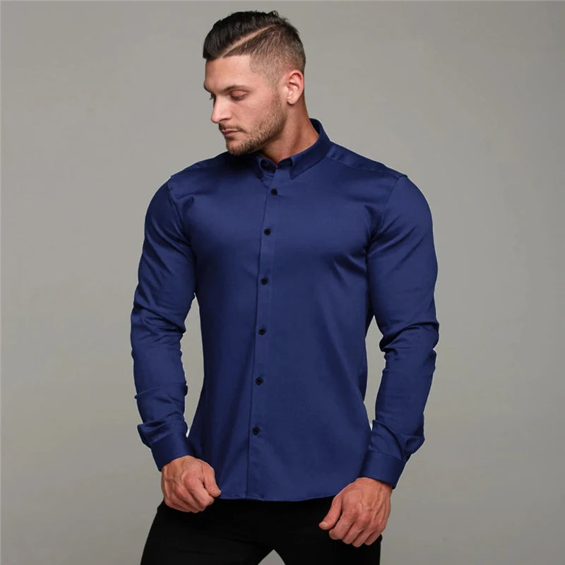 New Spring Autumn Mens Full Sleeve Shirt Solid Fitness Men Turndown Collar Super Slim Fit Business Dress Shirt Button Gym Tops