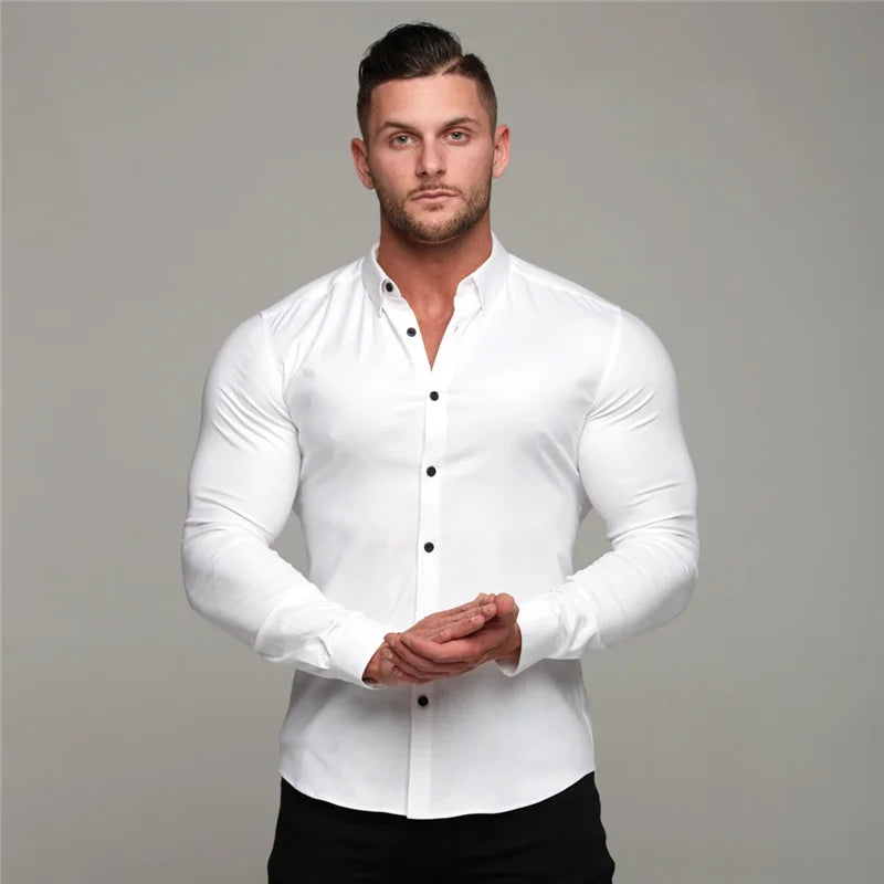 New Spring Autumn Mens Full Sleeve Shirt Solid Fitness Men Turndown Collar Super Slim Fit Business Dress Shirt Button Gym Tops