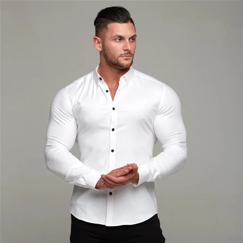 New Spring Autumn Mens Full Sleeve Shirt Solid Fitness Men Turndown Collar Super Slim Fit Business Dress Shirt Button Gym Tops