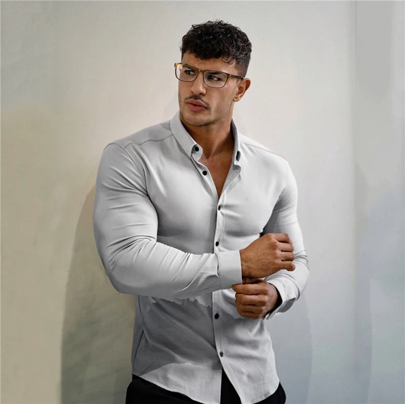 New Spring Autumn Mens Full Sleeve Shirt Solid Fitness Men Turndown Collar Super Slim Fit Business Dress Shirt Button Gym Tops