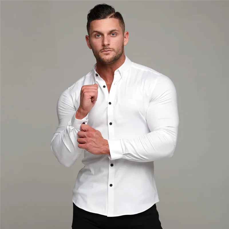 New Spring Autumn Mens Full Sleeve Shirt Solid Fitness Men Turndown Collar Super Slim Fit Business Dress Shirt Button Gym Tops