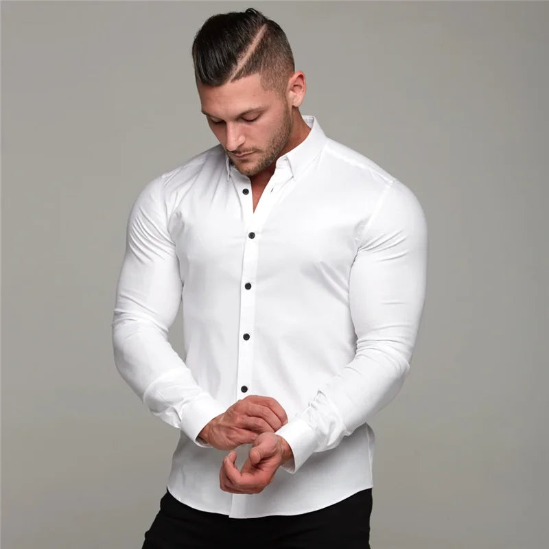 New Spring Autumn Mens Full Sleeve Shirt Solid Fitness Men Turndown Collar Super Slim Fit Business Dress Shirt Button Gym Tops