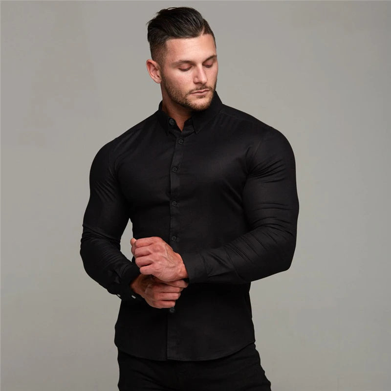 New Spring Autumn Mens Full Sleeve Shirt Solid Fitness Men Turndown Collar Super Slim Fit Business Dress Shirt Button Gym Tops