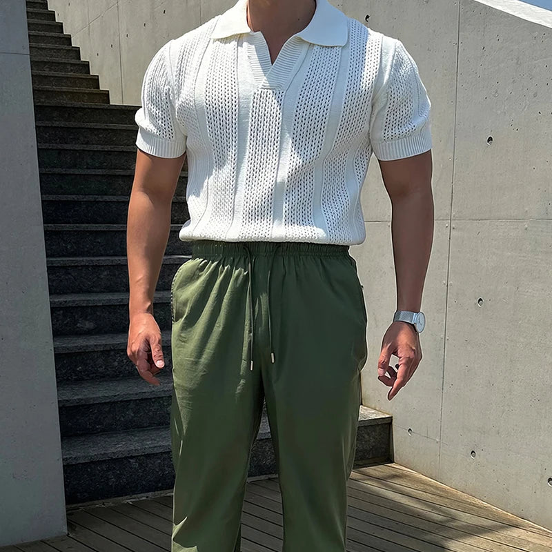 Fashion Mesh Knitted Polo Shirts Men Trendy Slim Fit Short Sleeve Breathable Knit T Shirt Mens Spring Summer Streetwear Polo Tee