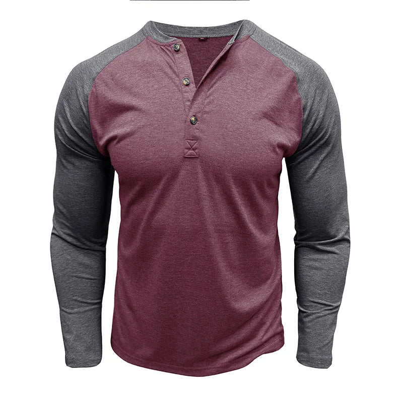 New Autumn Winter European American Men's Long Sleeve Color-blocking Henry Shirt Mens Round Neck T-shirt Top
