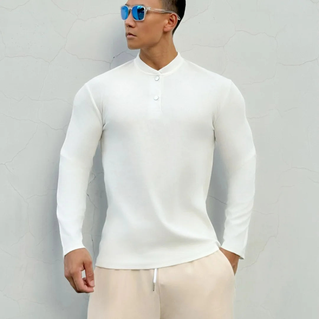 Men's New Chinese-style Henry Collar Large Polo Sports And Fitness Breathable Casual Training High-elastic Long-sleeved T-shirt