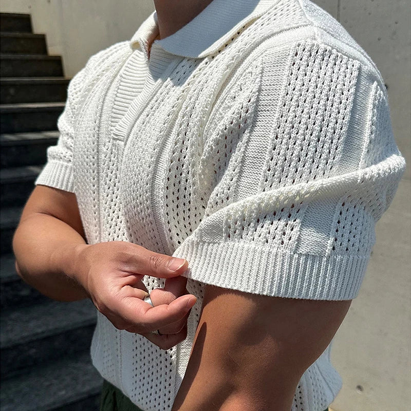 Fashion Mesh Knitted Polo Shirts Men Trendy Slim Fit Short Sleeve Breathable Knit T Shirt Mens Spring Summer Streetwear Polo Tee