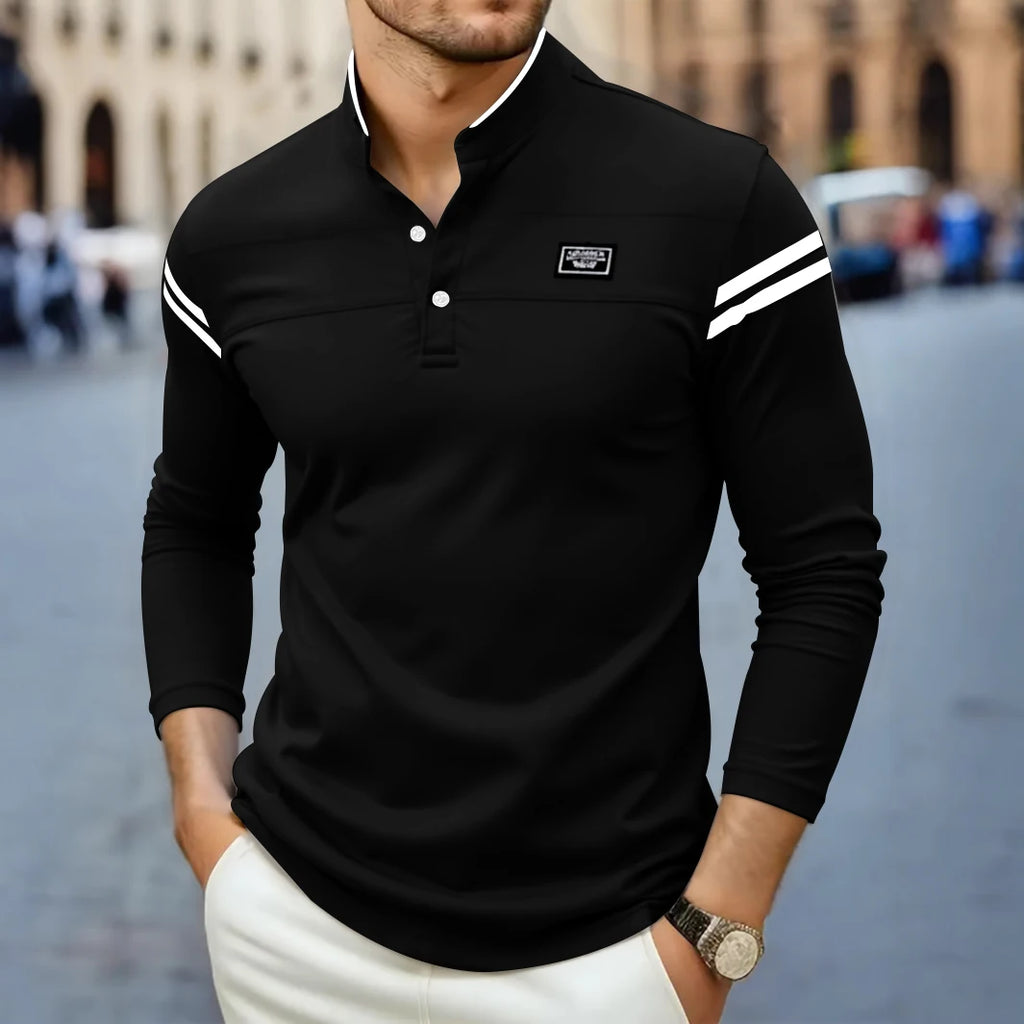 2025 New Men's Casual Fashion Solid Color Long Sleeved Polo Shirt Stand Up Collar Versatile Comfortable Top