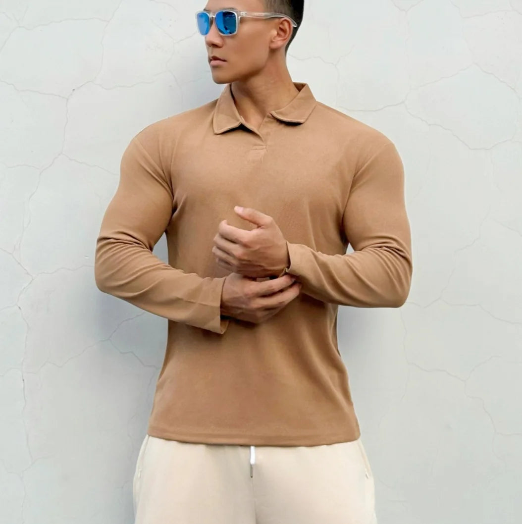 Men's New Chinese-style Henry Collar Large Polo Sports And Fitness Breathable Casual Training High-elastic Long-sleeved T-shirt