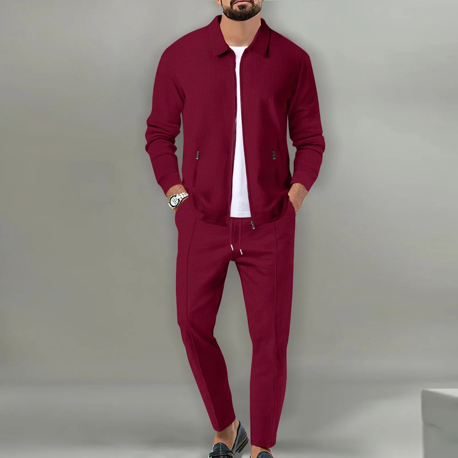 Men's Slim Fit Cardigan Jacket with Zipper Pocket Long Sleeved Sportswear Elegant Two-Piece Set with Long Pants