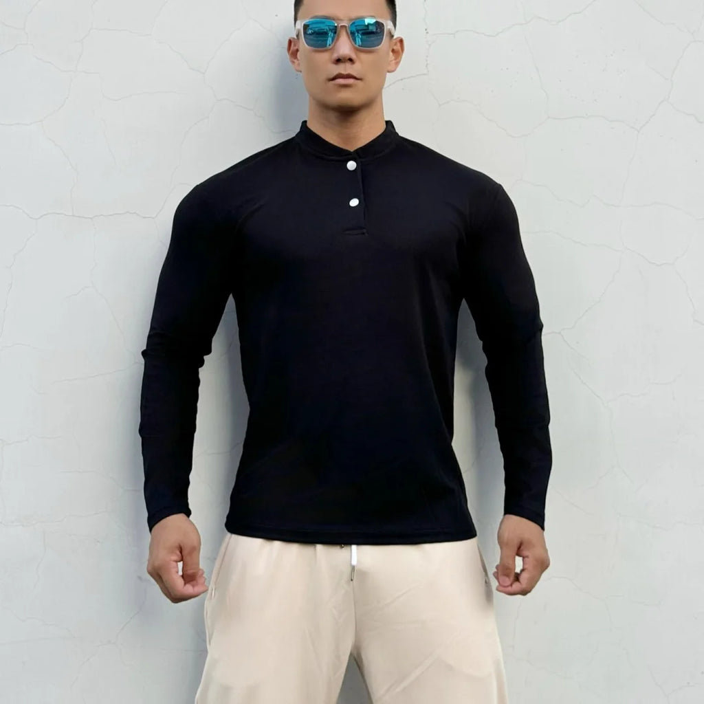 Men's New Chinese-style Henry Collar Large Polo Sports And Fitness Breathable Casual Training High-elastic Long-sleeved T-shirt