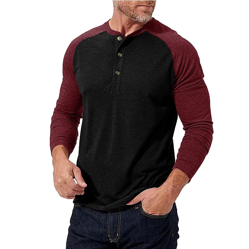 New Autumn Winter European American Men's Long Sleeve Color-blocking Henry Shirt Mens Round Neck T-shirt Top