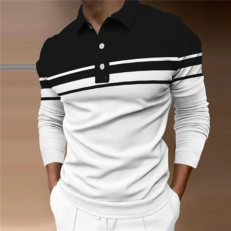 Men's Striped Rugby Long Sleeve Polo Shirt Lapel Shirt Sports Casual Outdoor Office Daily Wear Button Spring Autumn Winter