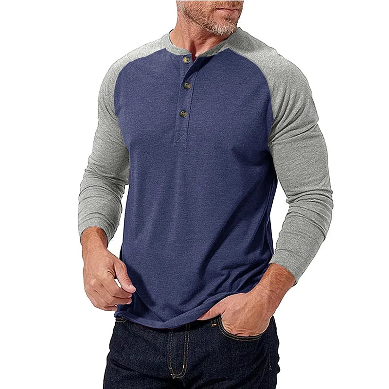New Autumn Winter European American Men's Long Sleeve Color-blocking Henry Shirt Mens Round Neck T-shirt Top