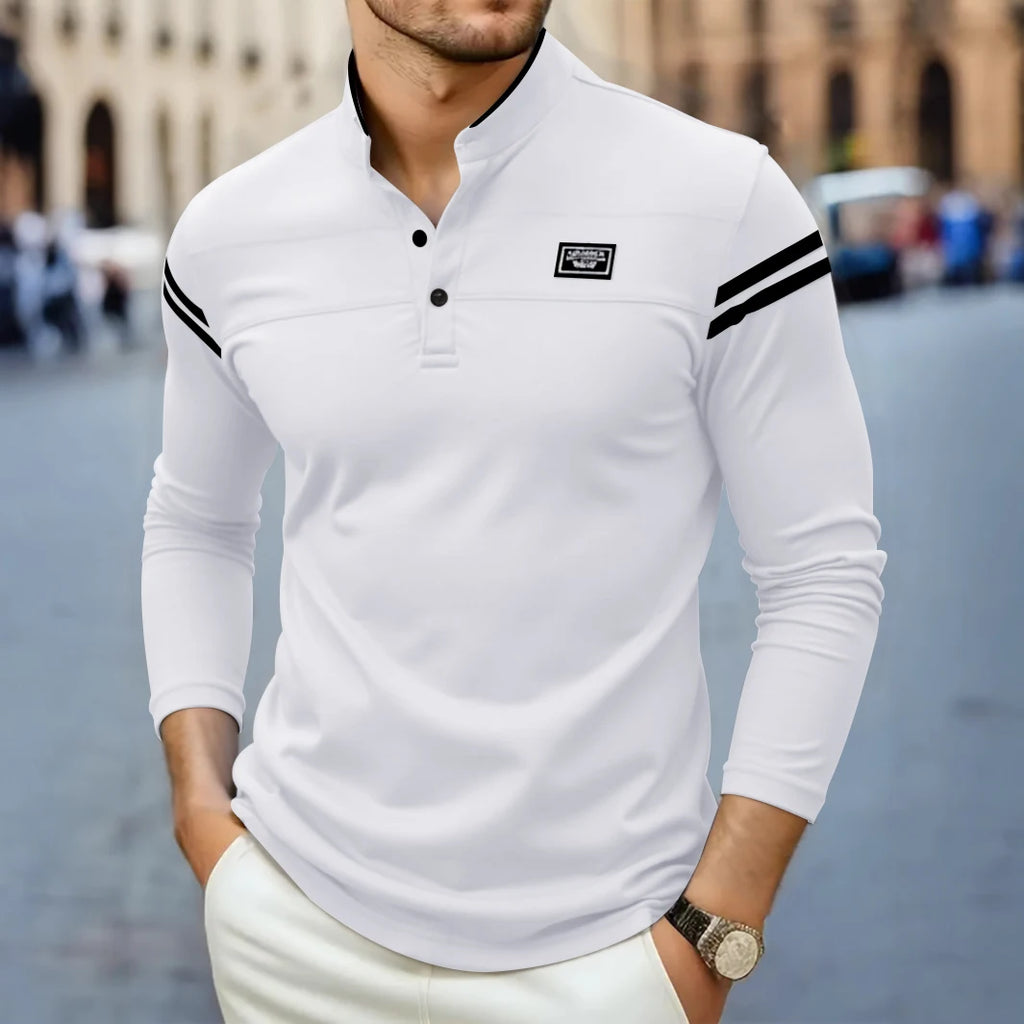 2025 New Men's Casual Fashion Solid Color Long Sleeved Polo Shirt Stand Up Collar Versatile Comfortable Top