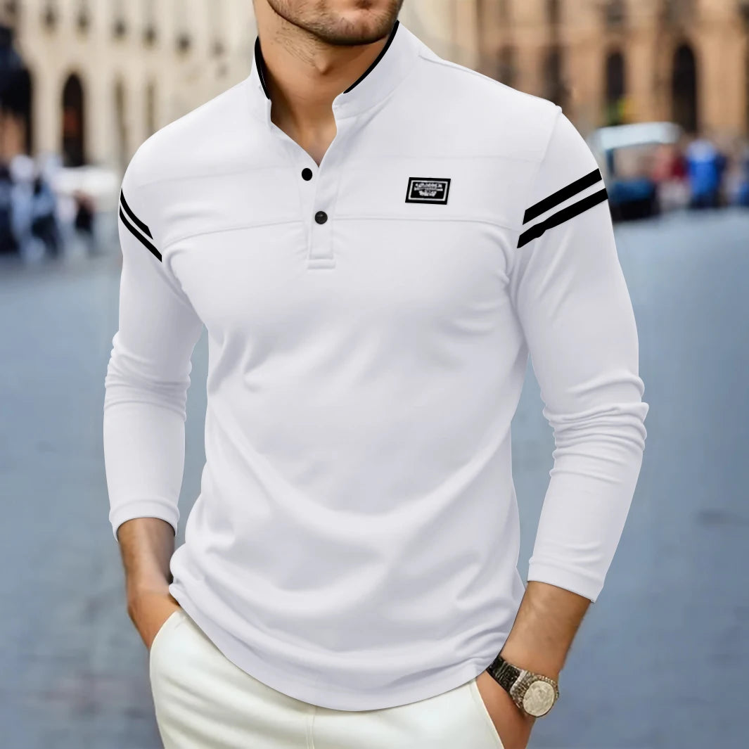 2025 New Men's Casual Fashion Solid Color Long Sleeved Polo Shirt Stand Up Collar Versatile Comfortable Top
