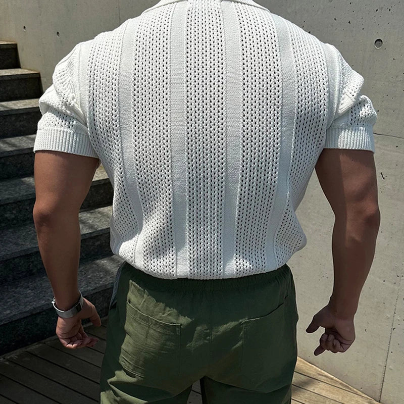 Fashion Mesh Knitted Polo Shirts Men Trendy Slim Fit Short Sleeve Breathable Knit T Shirt Mens Spring Summer Streetwear Polo Tee