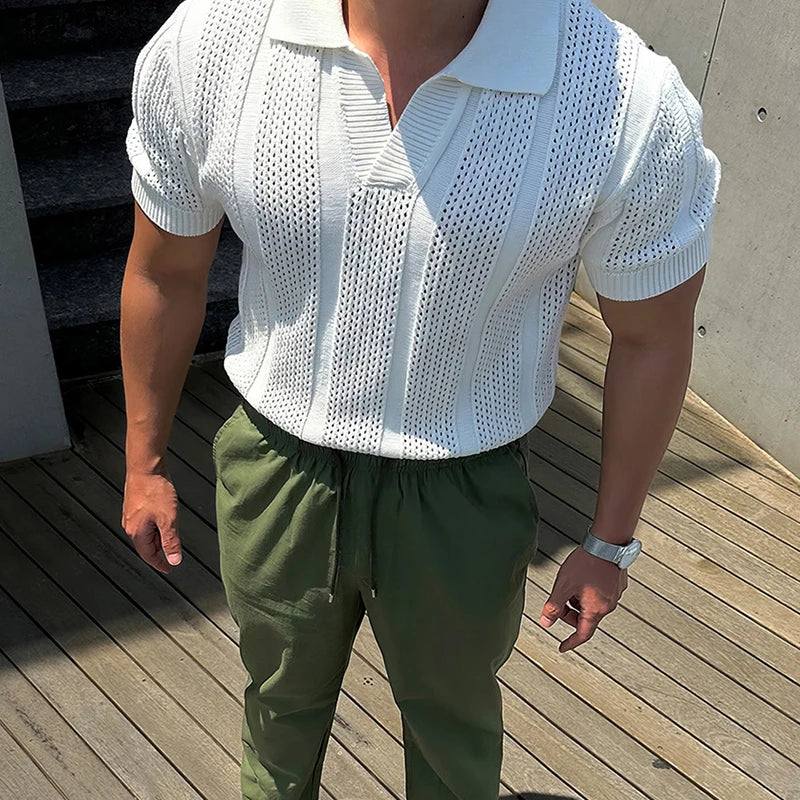 Fashion Mesh Knitted Polo Shirts Men Trendy Slim Fit Short Sleeve Breathable Knit T Shirt Mens Spring Summer Streetwear Polo Tee