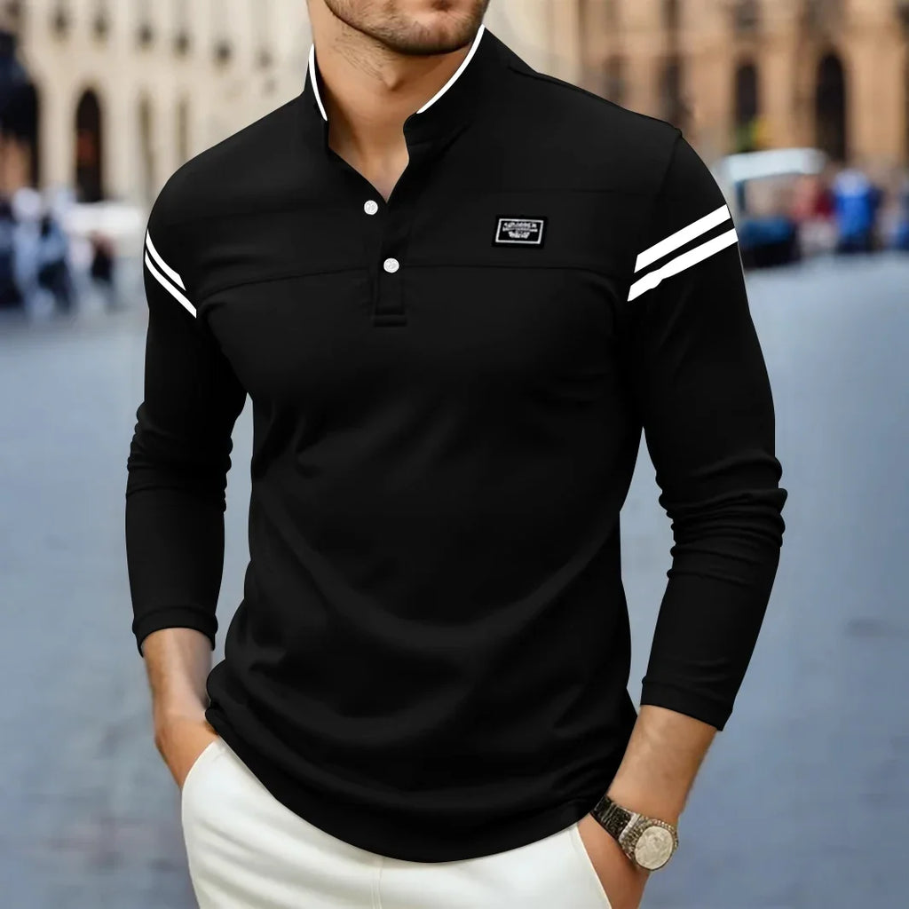 2025 New Men's Casual Fashion Solid Color Long Sleeved Polo Shirt Stand Up Collar Versatile Comfortable Top