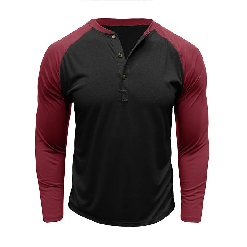 New Autumn Winter European American Men's Long Sleeve Color-blocking Henry Shirt Mens Round Neck T-shirt Top