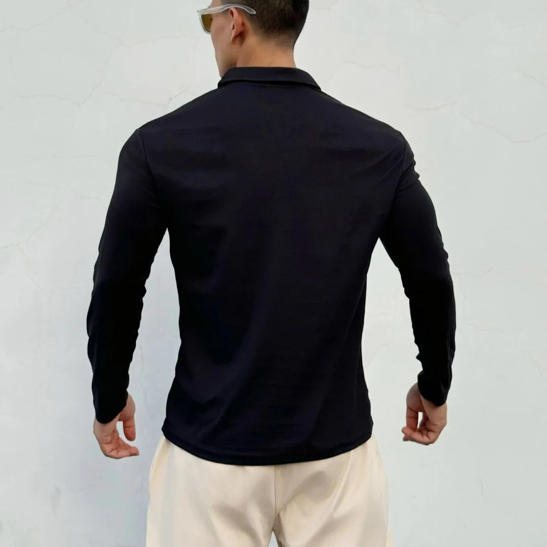 Men's New Chinese-style Henry Collar Large Polo Sports And Fitness Breathable Casual Training High-elastic Long-sleeved T-shirt