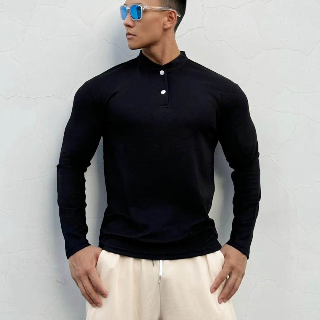 Men's New Chinese-style Henry Collar Large Polo Sports And Fitness Breathable Casual Training High-elastic Long-sleeved T-shirt
