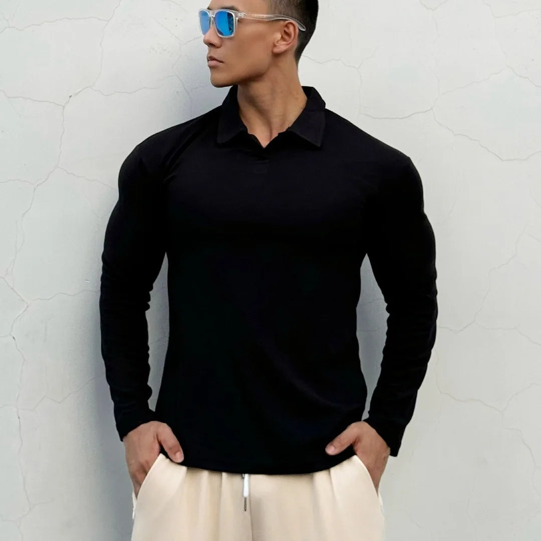 Men's New Chinese-style Henry Collar Large Polo Sports And Fitness Breathable Casual Training High-elastic Long-sleeved T-shirt
