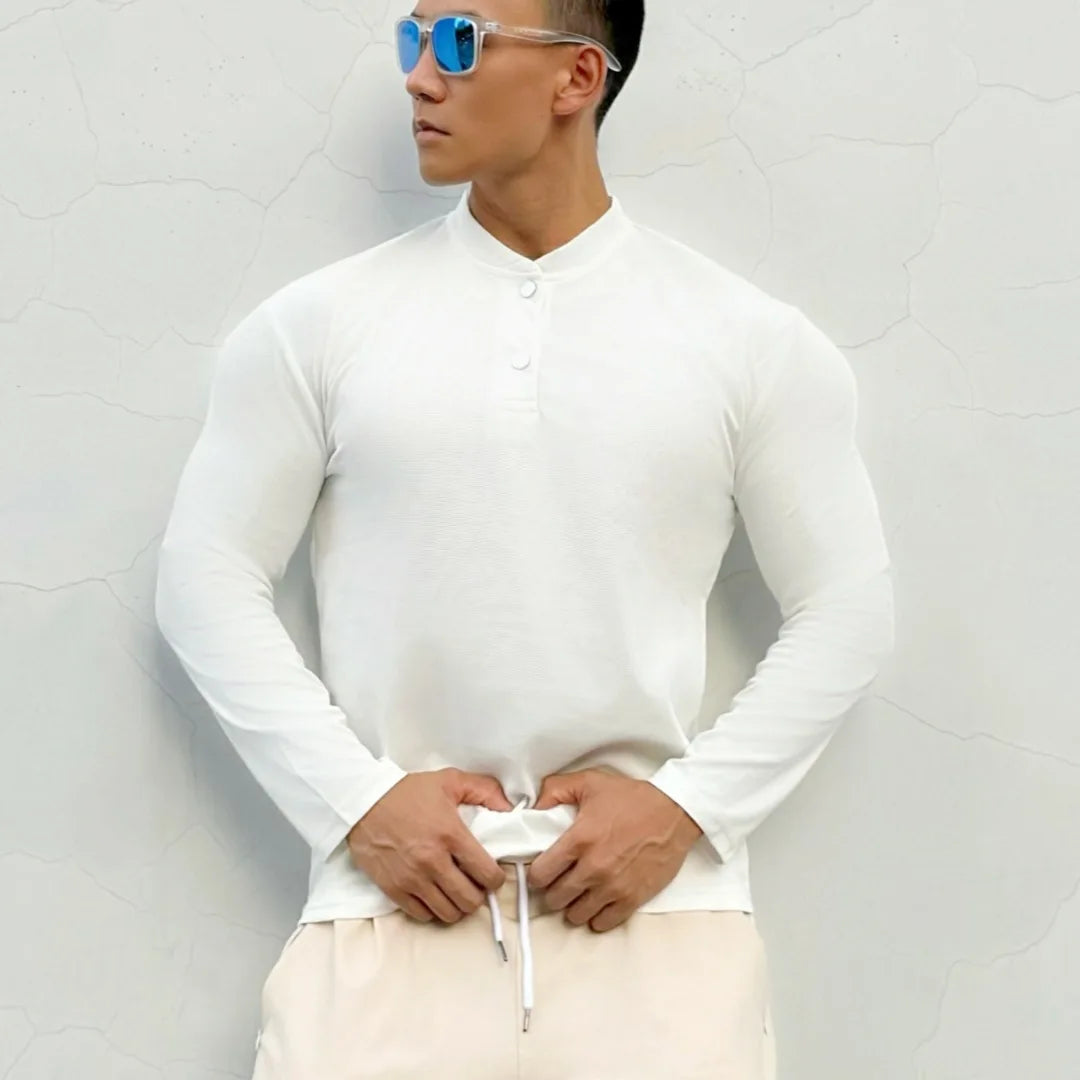 Men's New Chinese-style Henry Collar Large Polo Sports And Fitness Breathable Casual Training High-elastic Long-sleeved T-shirt