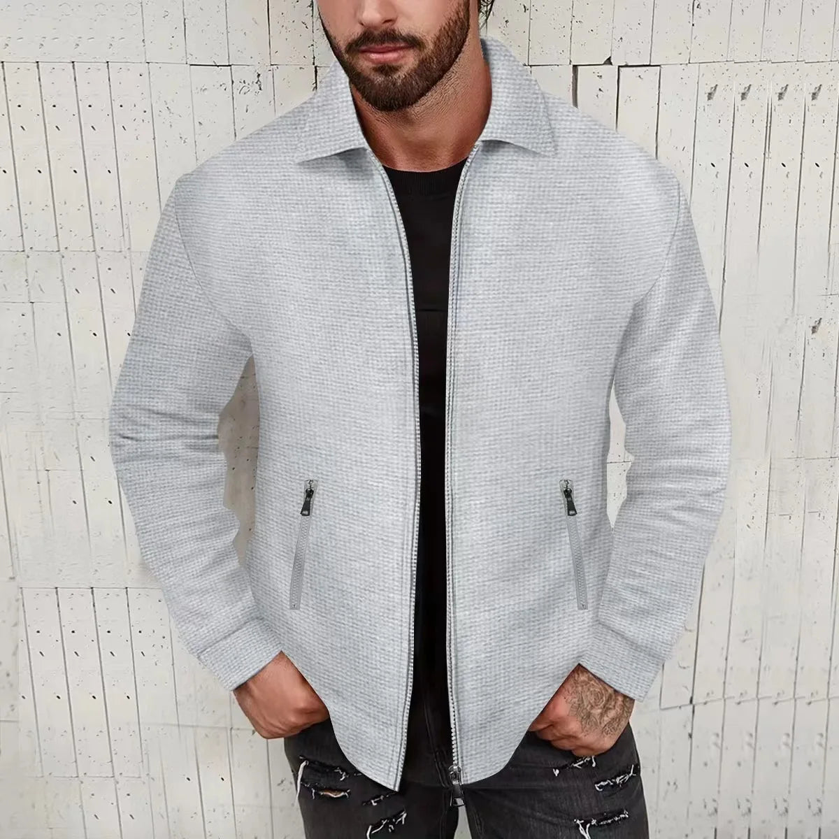 Men's Slim Fit Cardigan Jacket with Zipper Pocket Long Sleeved Sportswear Elegant Two-Piece Set with Long Pants