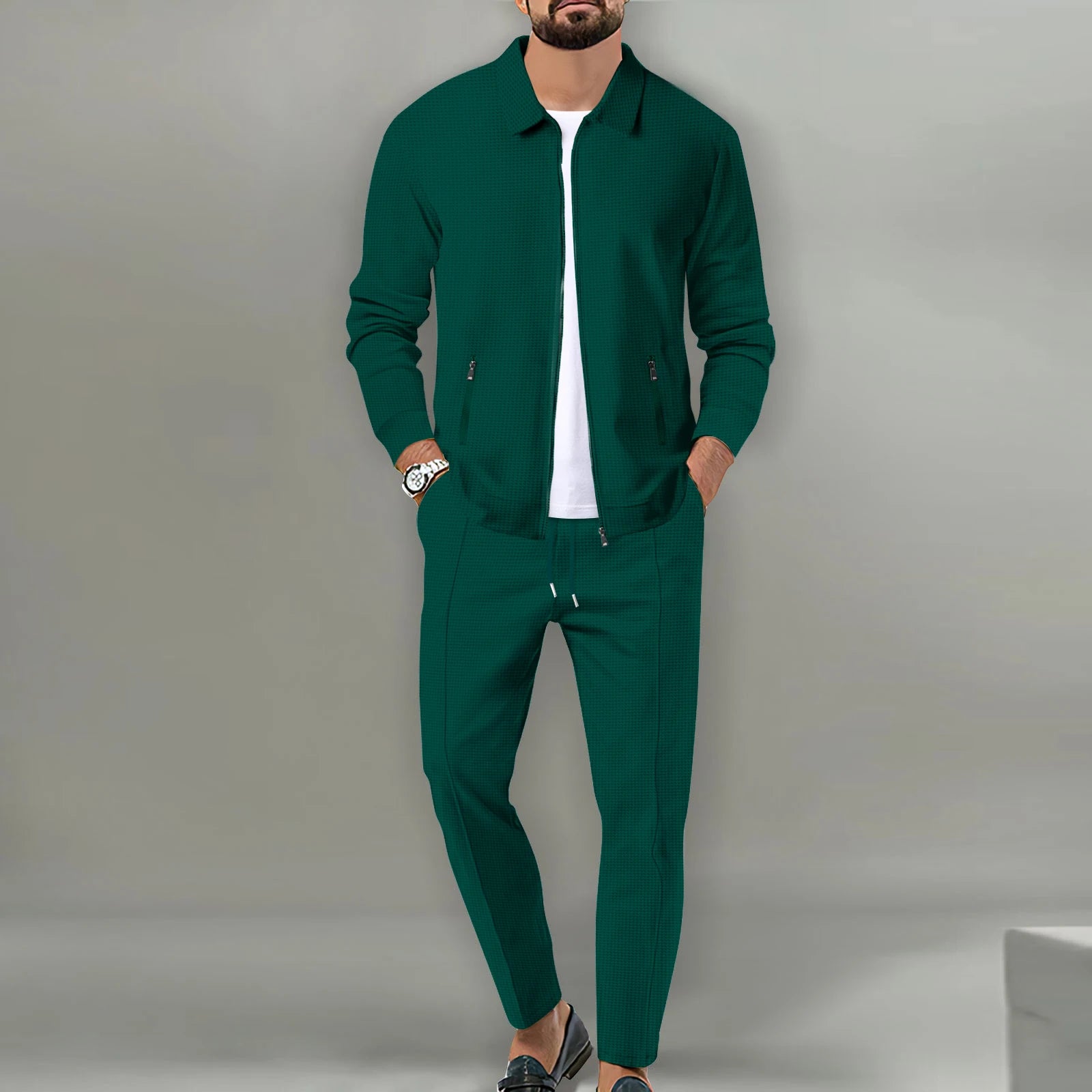 Men's Slim Fit Cardigan Jacket with Zipper Pocket Long Sleeved Sportswear Elegant Two-Piece Set with Long Pants