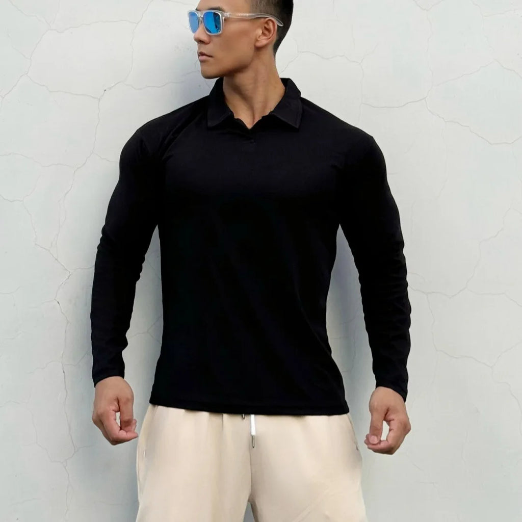 Men's New Chinese-style Henry Collar Large Polo Sports And Fitness Breathable Casual Training High-elastic Long-sleeved T-shirt